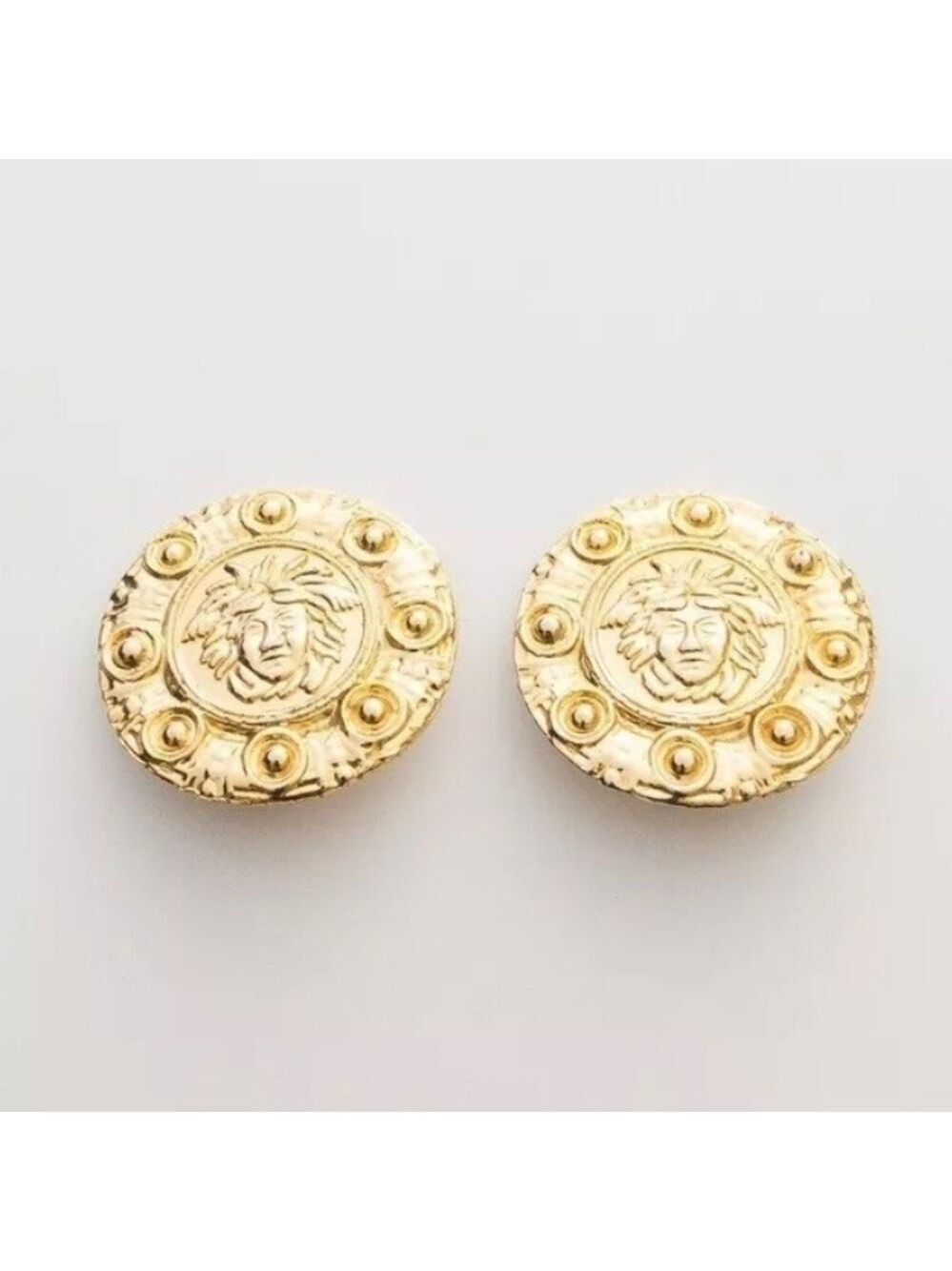 Large Round Chunky Earrings Gold Tone Medusa Face Design Bold Statement